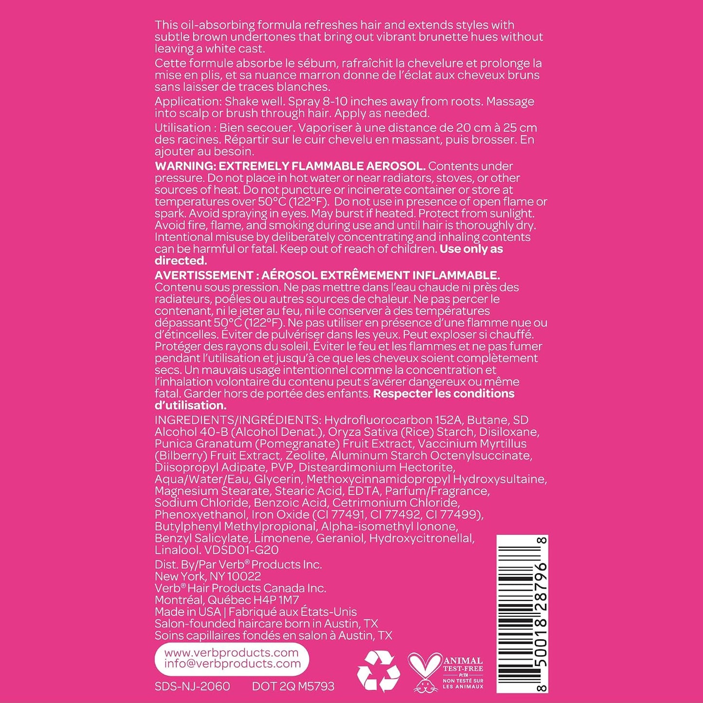 VERB Dry Shampoo for Dark Hair - Refreshing Oil Absorbing Spray | Vegan, Paraben-Free Formula