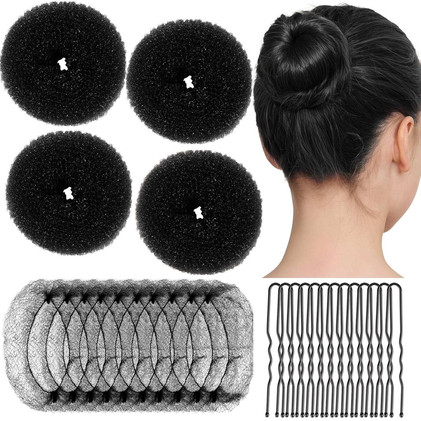 Small Hair Bun Maker Kit - 4 Pcs Ballet Bun Tools with 10 Hair Nets & 20 U-Shaped Bobby Pins | Black