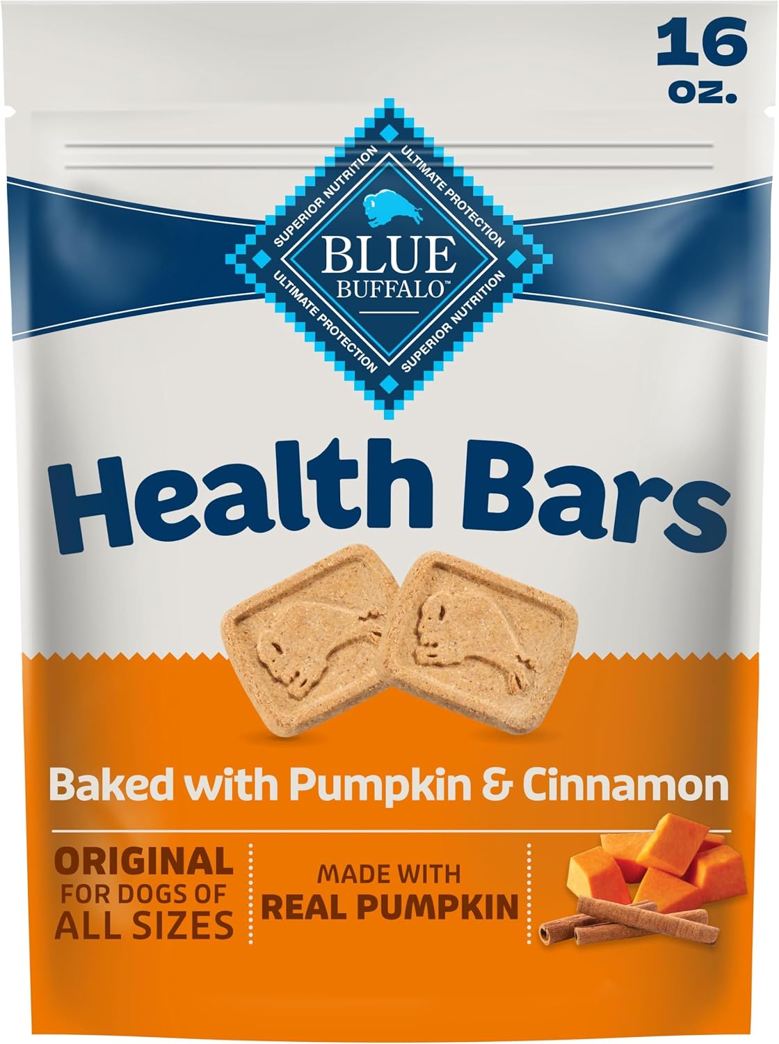 Blue Buffalo Dog Treats - Pumpkin & Cinnamon Crunchy Health Bars | Oven-Baked, Natural Ingredients, 16 oz.