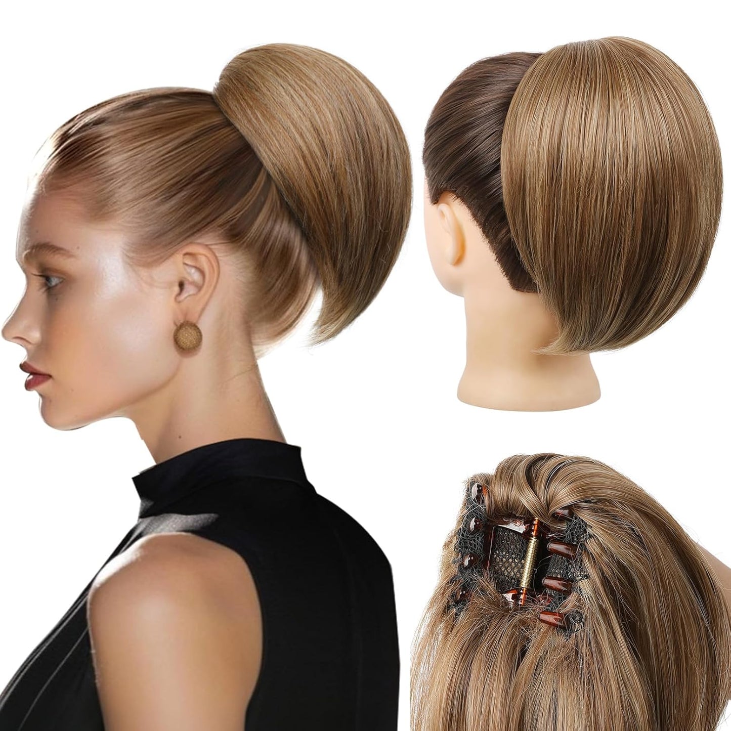 Ponytail Extension - 8" Short Mini Claw Clip Hairpiece | Natural Soft Feather-Light - Light Brown with Highlights