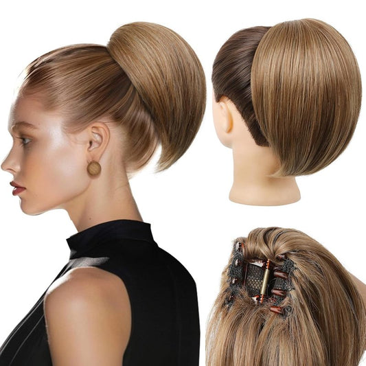 Ponytail Extension - 8" Short Mini Claw Clip Hairpiece | Natural Soft Feather-Light - Light Brown with Highlights
