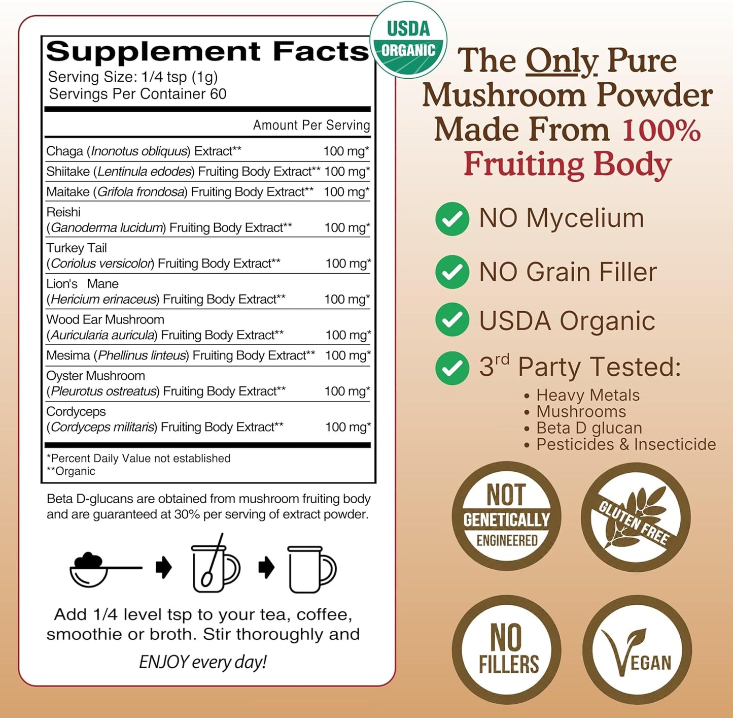 Organic Mushroom Supplement Powder - Focus & Immune Support | 100% Fruiting Body, Lions Mane, Reishi & More - 60 Servings