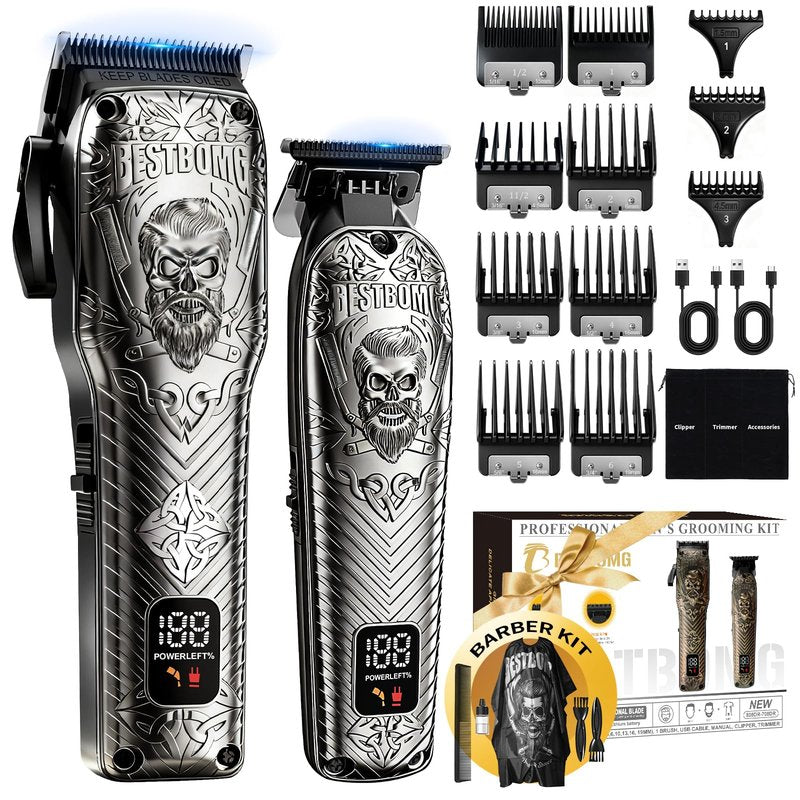 BESTBOMG Professional Cordless Mens Hair Clippers & Beard Trimmer Kits & Sets,Metal Hair Clippers Cutting Grooming Kit with Long Battery Life for Family Barber Use (Gray)