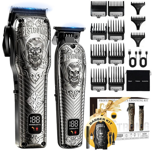 BESTBOMG Professional Cordless Mens Hair Clippers & Beard Trimmer Kits & Sets,Metal Hair Clippers Cutting Grooming Kit with Long Battery Life for Family Barber Use (Gray)