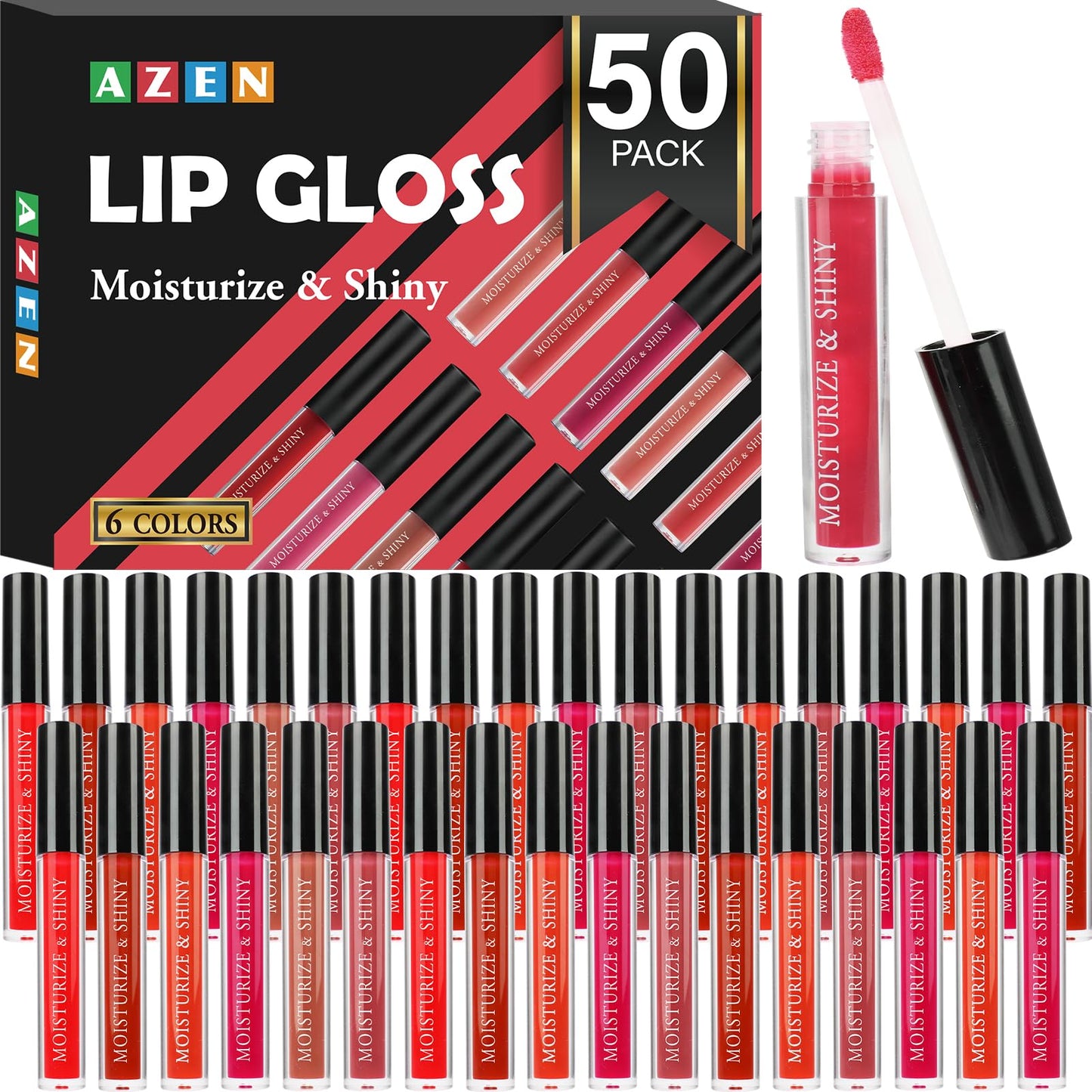 AZEN 50 Pack Lip Gloss Bulk Set, Shimmery Lip Gloss for Women and Girls With Rich Varied Colorsc