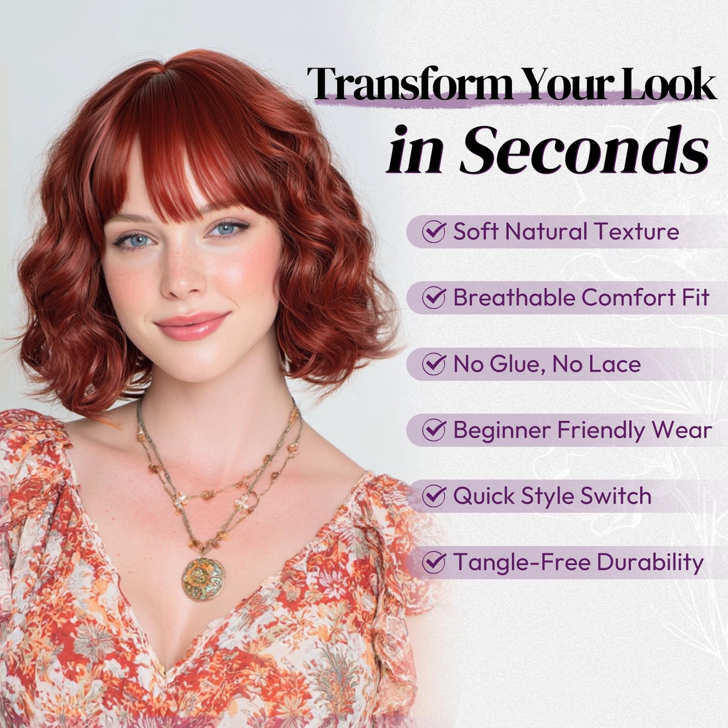 BARSDAR Copper Red Short Wavy Wig with Bangs - Short Copper Red Bob Wigs for Women - Curly Wavy Textured French Bob Wig with Bangs Soft Synthetic Natural Looking Face-Framing Daily