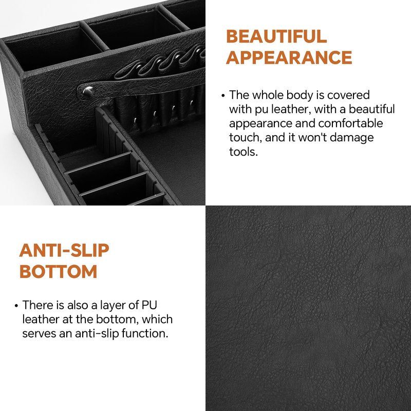 Barber Organizer Tray, 13.9 x 11.2 x 4.4 inch Adjustable Station for Clippers & Guards Scissors, Multifunctional Non-slip Barber&Salon Hair Tools Holder, with PU Leather Exterior Hairdressing Case
