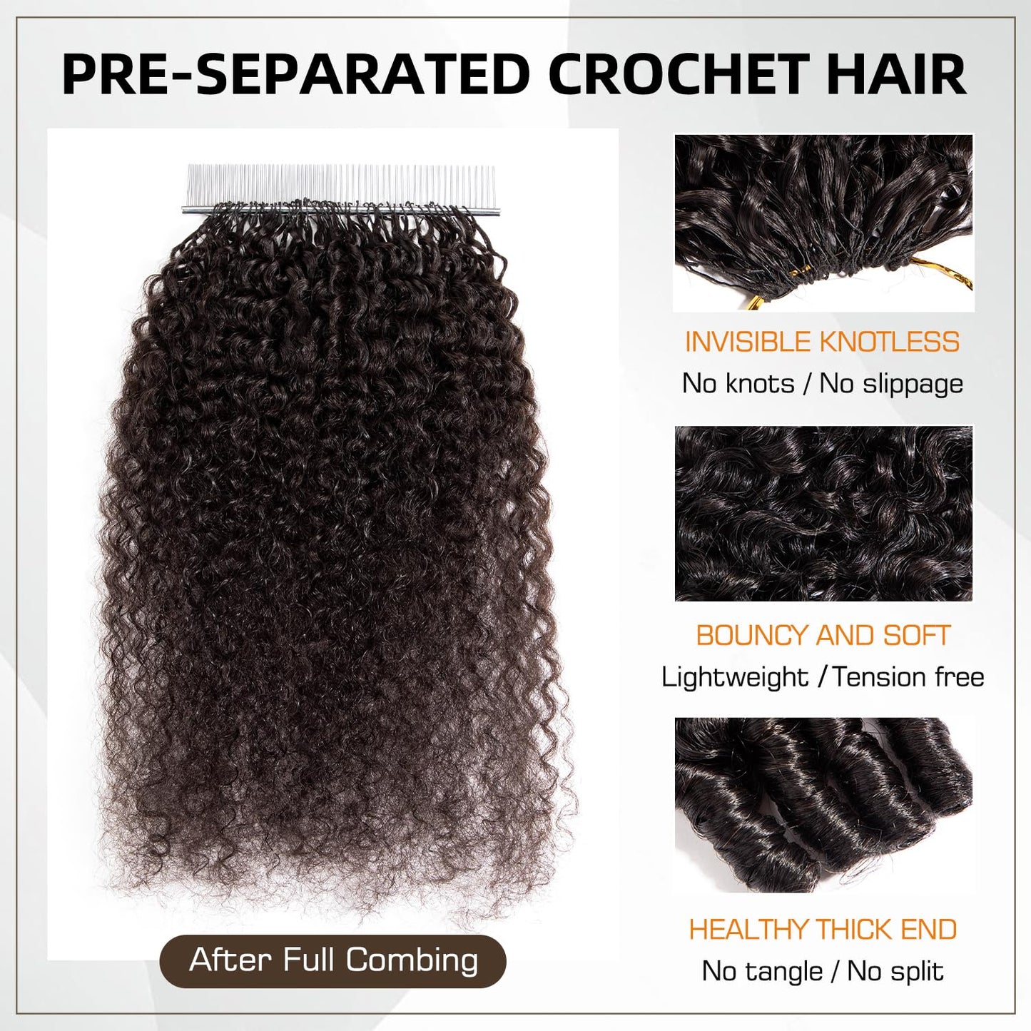 Burmese Curly Human Hair Crochet Bundles - 16 Inch 120g Knotless Pre-Separated Water Curly Extensions | Natural Black Color