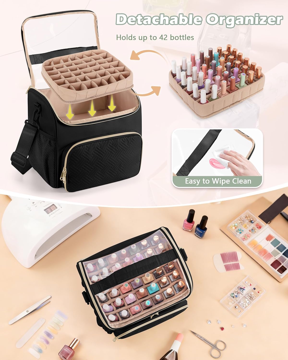 Nail Polish Organizer Bag - Holds 42 Bottles | Double Layer Storage Case for Gel Polish & Tools - Black