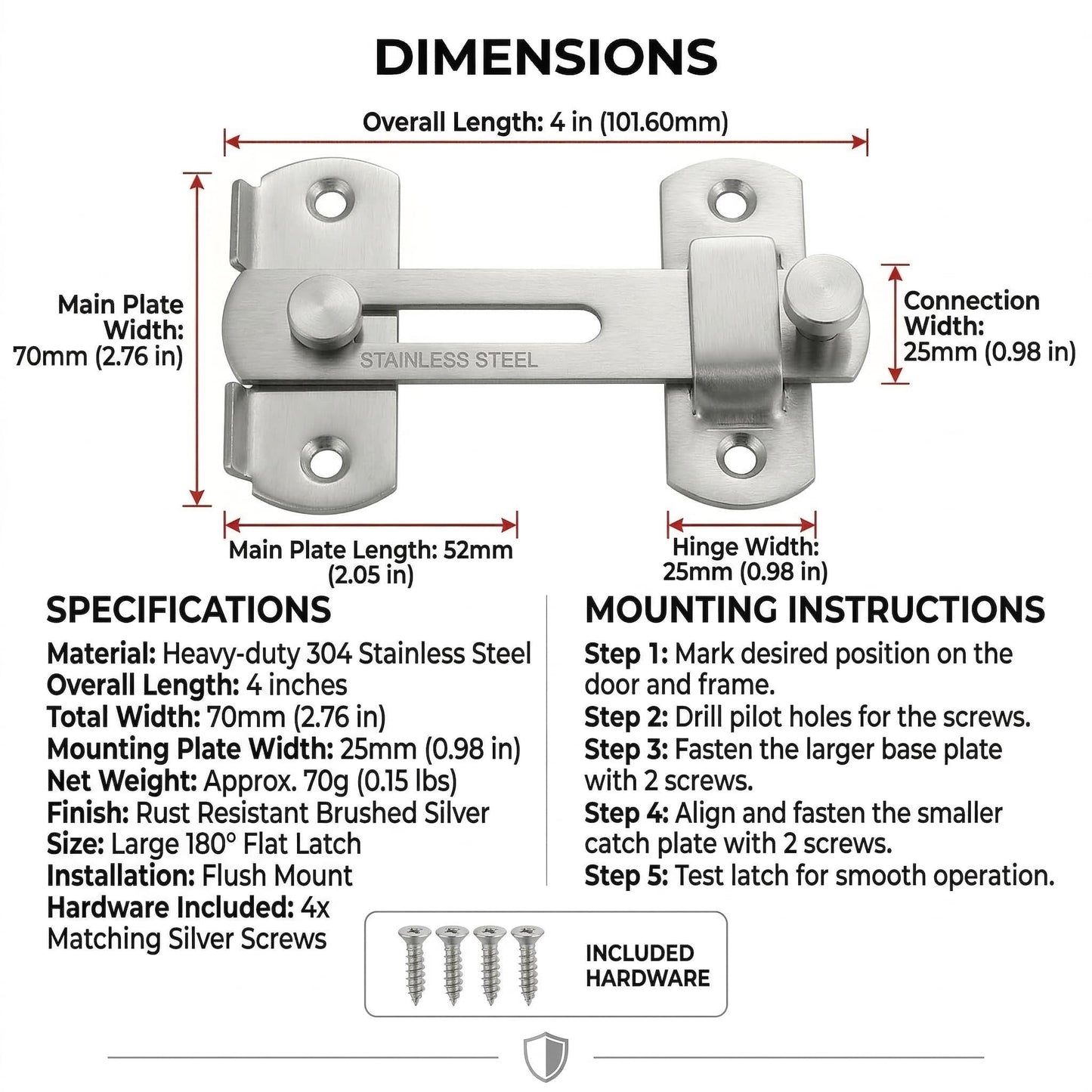 2 Pack Flip Latch Gate Latches, 4 Inch SUS304 Stainless Steel Safety Door Locks for Barn Doors, Wood Fence, Sliding Doors and French Doors, Heavy Duty Gate Hardware,Silver