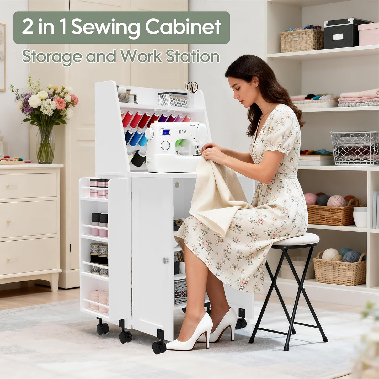 Portable Sewing Table - Folding Sewing Machine Cabinet with Charging Station | 23 Spools Thread Rack for Small Spaces (White)