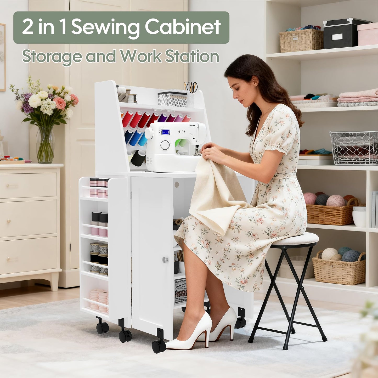 DUDUSHIMAN Portable Sewing Table, Folding Sewing Machine Cabinet Desk with Charging Station, 23 Spools Thread Rack,Sewing Cabinet with Expandable Desk, for Home or Studio Small Spaces (White)
