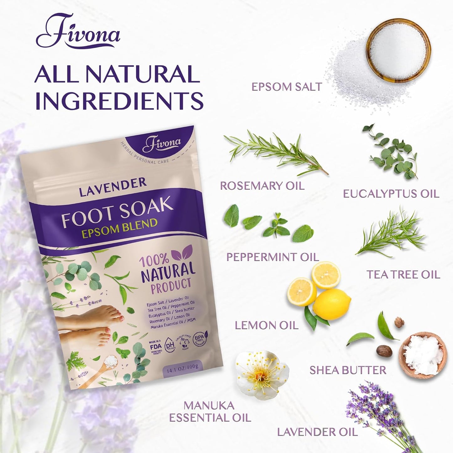 Fivona Foot Care Kit - 3-in-1 Epsom Salt Foot Soak with Lavender & Essential Oils | Collapsible Basin & Dual Action File