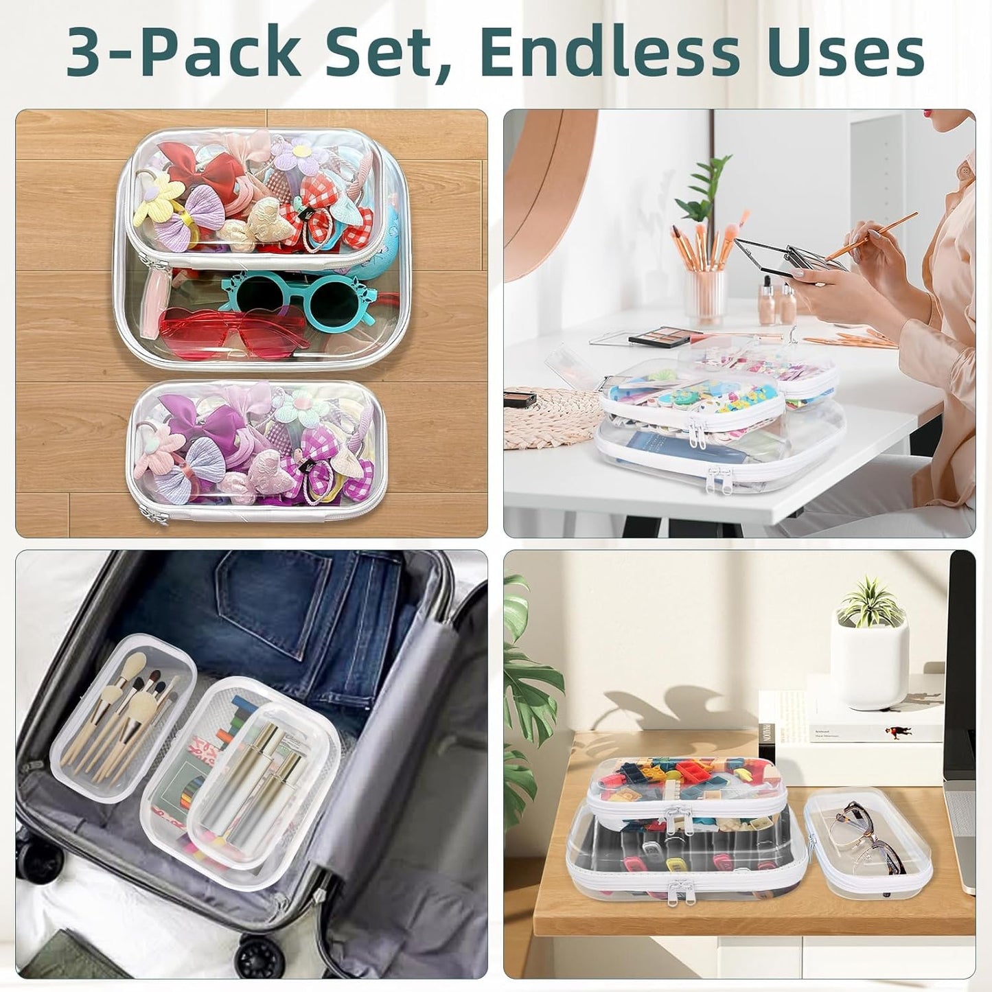 Clear Hard Shell Zipper Cases - Durable Plastic Pencil Storage Pouches | 3-Pack Small & Medium Sizes