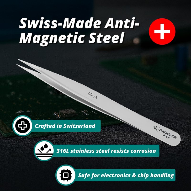 Excelta Precision Tweezers, Straight Medium Point, Professional Neverust Anti‑Magnetic Conductive Stainless Steel Tool with Slip‑Resistant Design for Medical Device Manufacturing, Jewelry, Electronics