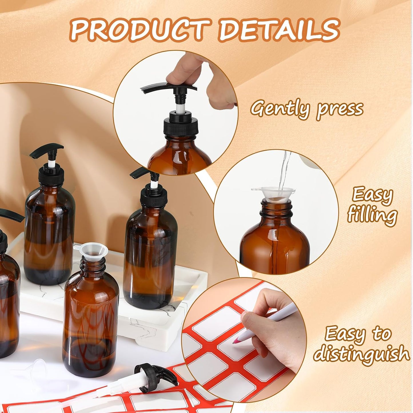 Glass Pump Bottle Set - 24 Pcs 8 oz Refillable Soap Dispenser with Labels & Funnels | Amber