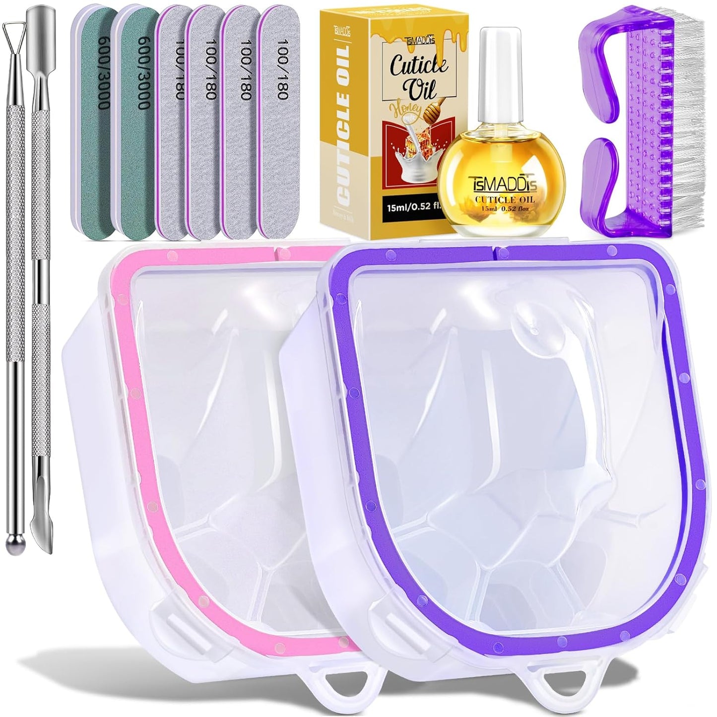 Nail Polish Remover Kit - 2 Soaking Bowls, Cuticle Tools, Oil, Files & Buffers | Complete Manicure Set