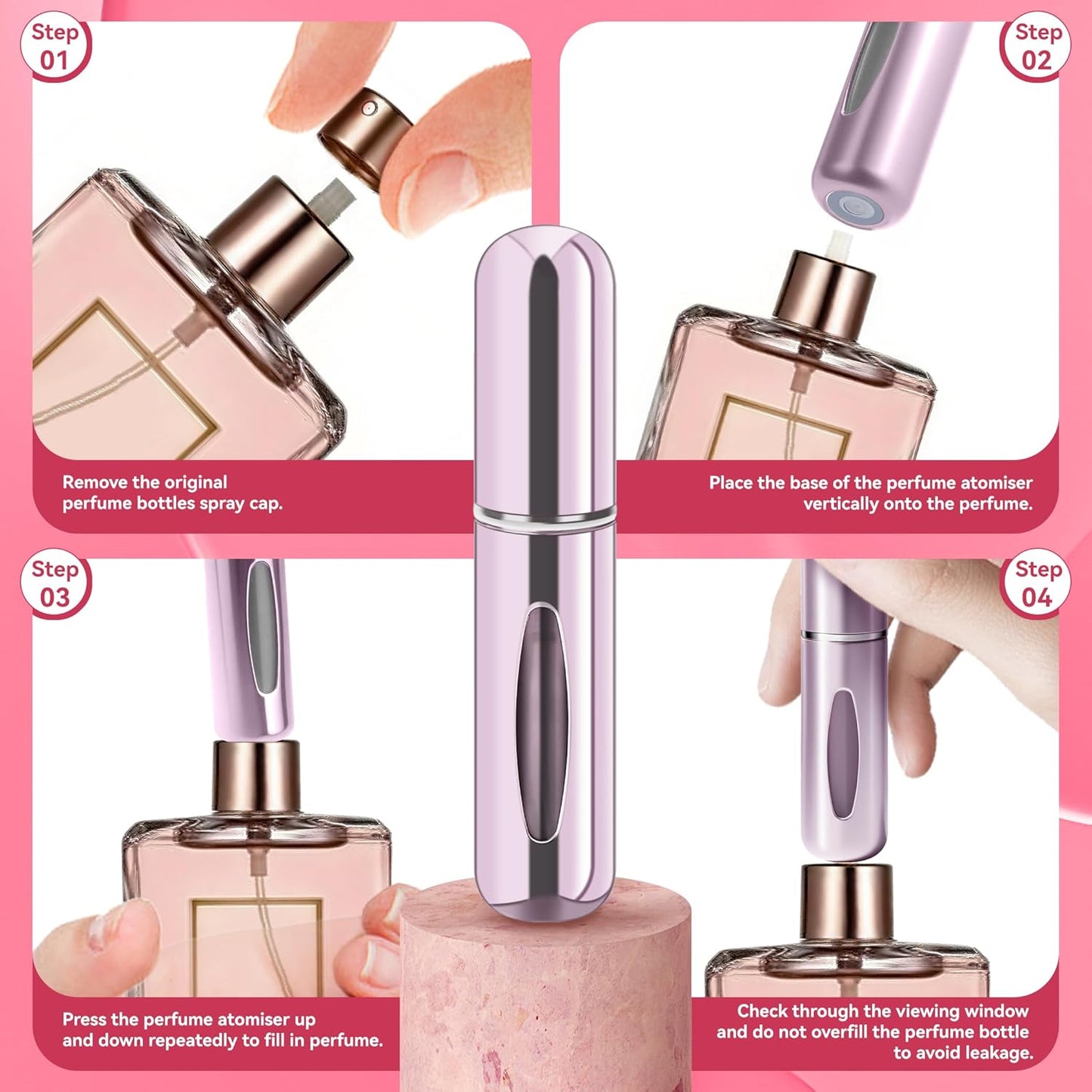 Refillable Perfume Atomizer Bottle - Portable Travel Spray, 5ml | 4 Pack in Silver, Purple, Blue, Gold, Pink, Black