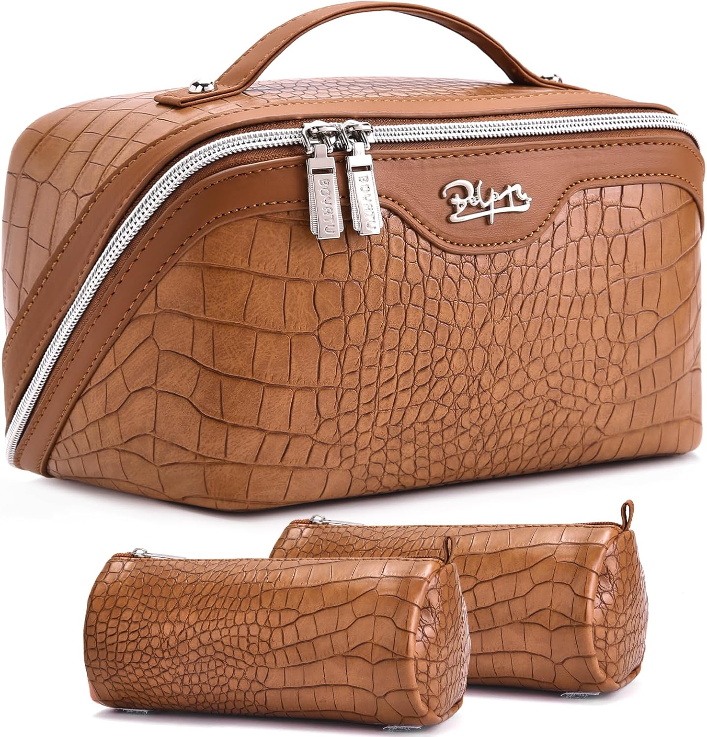 Travel Makeup Bag Set - Large Vegan Leather Cosmetic Organizer with Handle | 3 Pcs Portable Toiletry Bags in Coffee