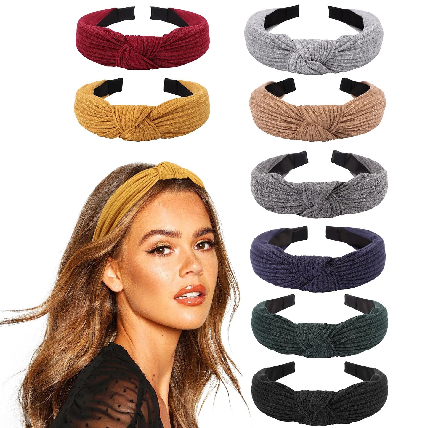 AQOKKA Knotted Headbands for Women Girls Non Slip Boho Wide Top Knot Turban Hairbands Fashion Ribbing Head Wraps