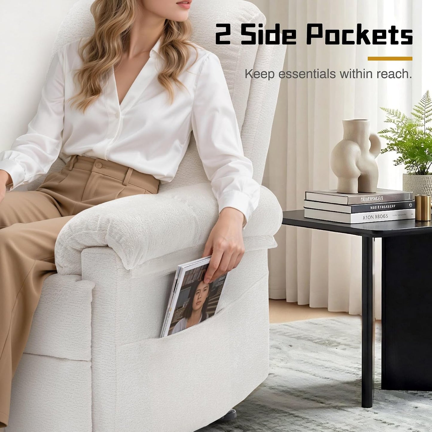 Recliner Chair - Upholstered Manual Recliner for Small Spaces | Modern Chenille Design in Beige with Side Pockets