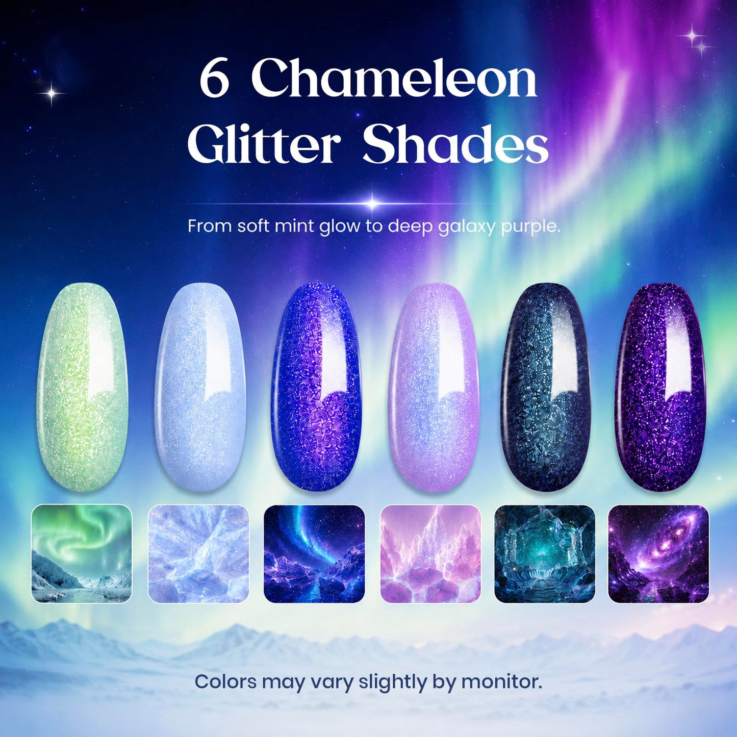 Beetles Glitter Gel Nail Polish Set, Kaleido Galaxy 6 Colors Chameleon Shimmer Gel Polish, Blue Green Purple Sparkle Soak Off UV LED Gel Polish for DIY Nail Art Manicure