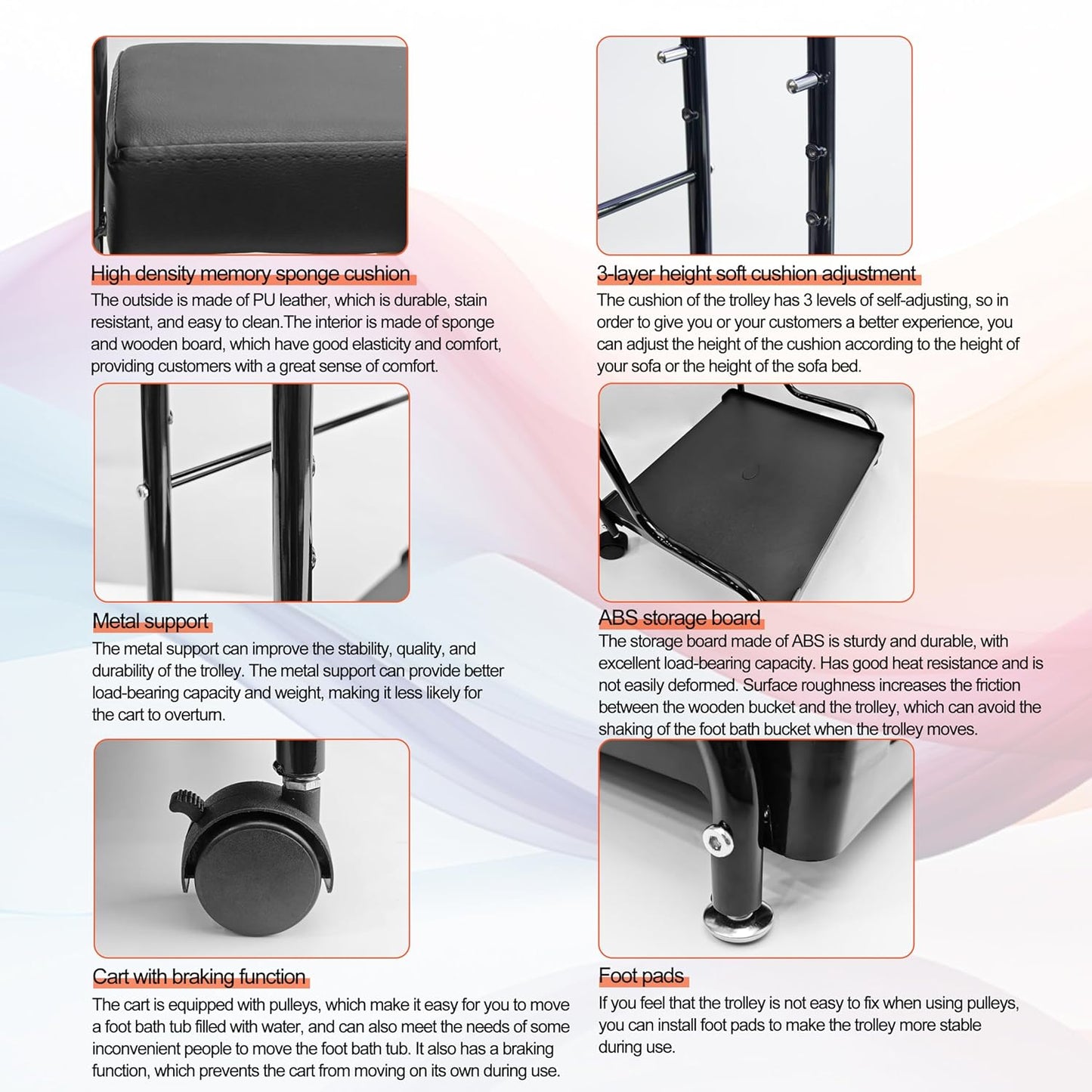 Portable Nail Foot Bath Spa Trolley Cart - Adjustable Height PU Cushion | Black Esthetician Furniture