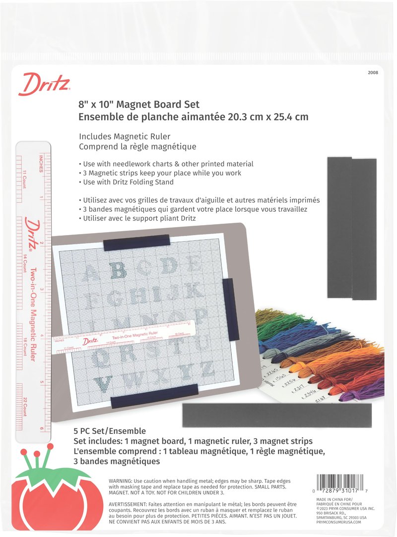Dritz Magnet Board & Ruler, 8" x 10" - Pattern Holder for Cross Stitch, Needlework, Knitting & Crochet - Includes 2-in-1 Magnetic Ruler & 3 Magnetic Place Markers