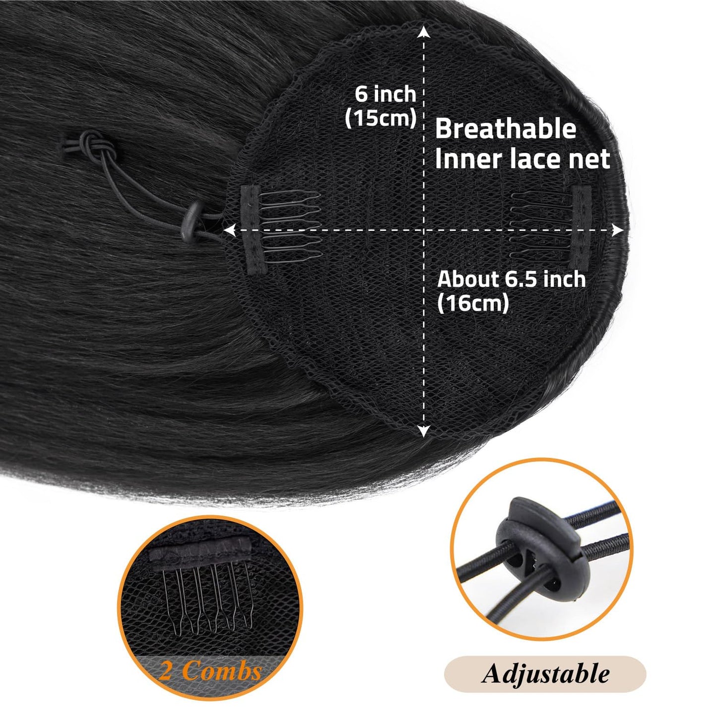 Ponytail Extension with Bangs - Yaki Straight Synthetic Hairpiece | 16-Inch Clip-In for Black Women (Black Brown)