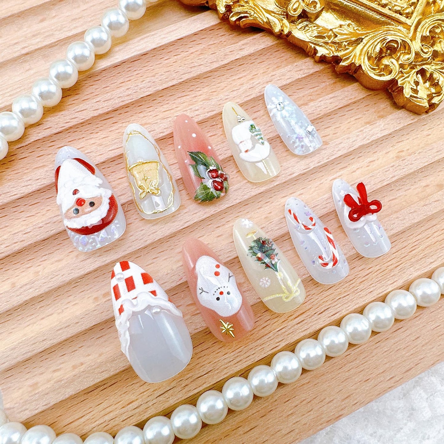Christmas Press-On Nails - 24pcs Almond Medium Fake Nails with 3D Santa Claus & Snowman Designs | Holiday Nail Art Set