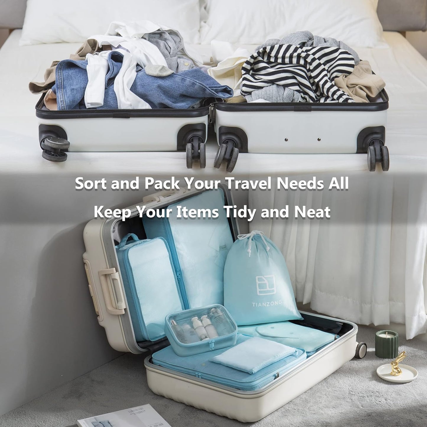 7-Piece Packing Cubes Set - Travel Organizers with Shoe & Toiletry Bag | Sky Blue