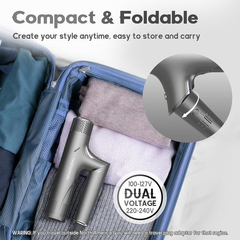 High-Speed Foldable Travel Hair Dryer - 1600W Brushless Motor for Fast Drying & Frizz Control | Dual Voltage, Gray