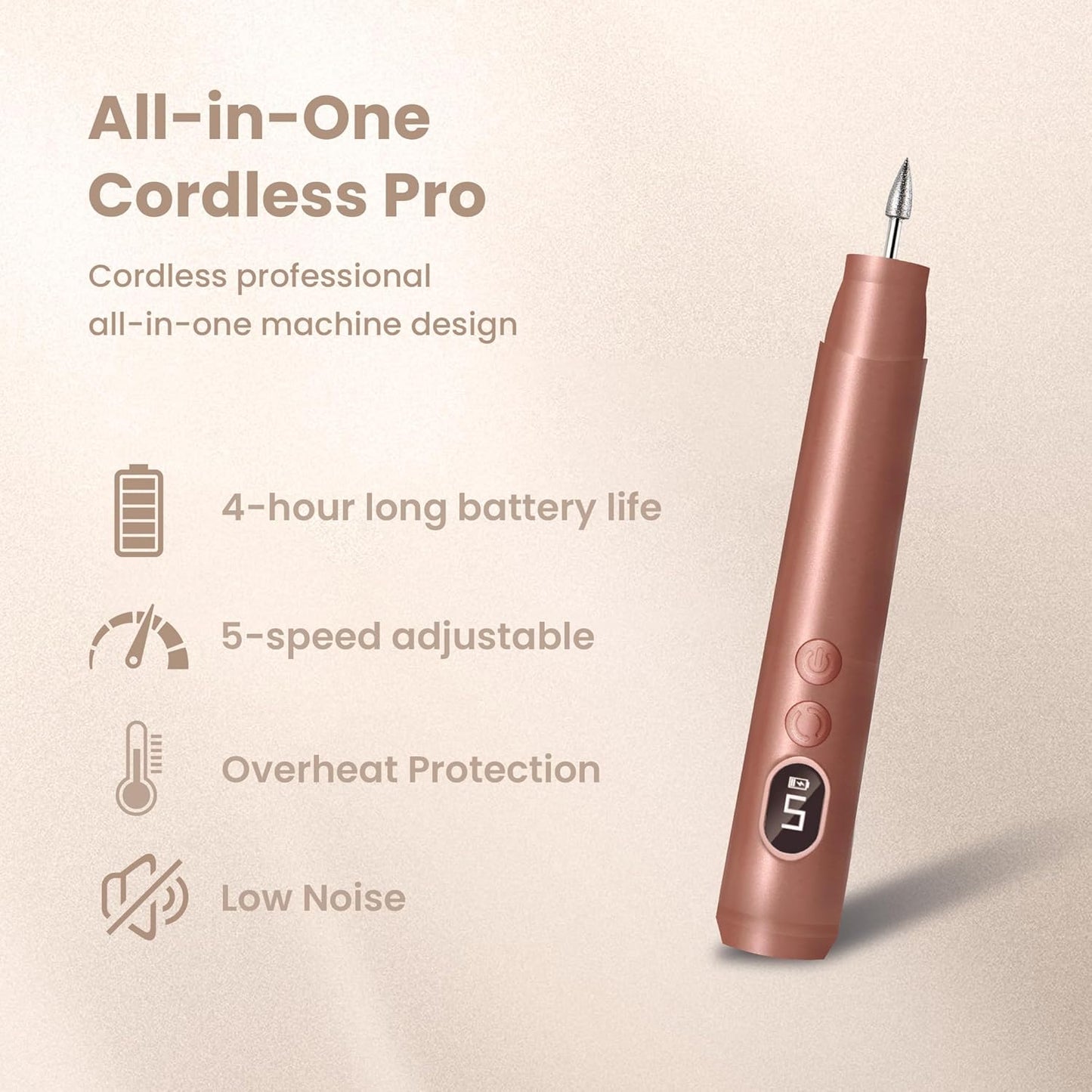 Nail Drill Kit for Beginners - Cordless Rechargeable with 5 Speeds & LED Light | Lightweight Grip (Gold)