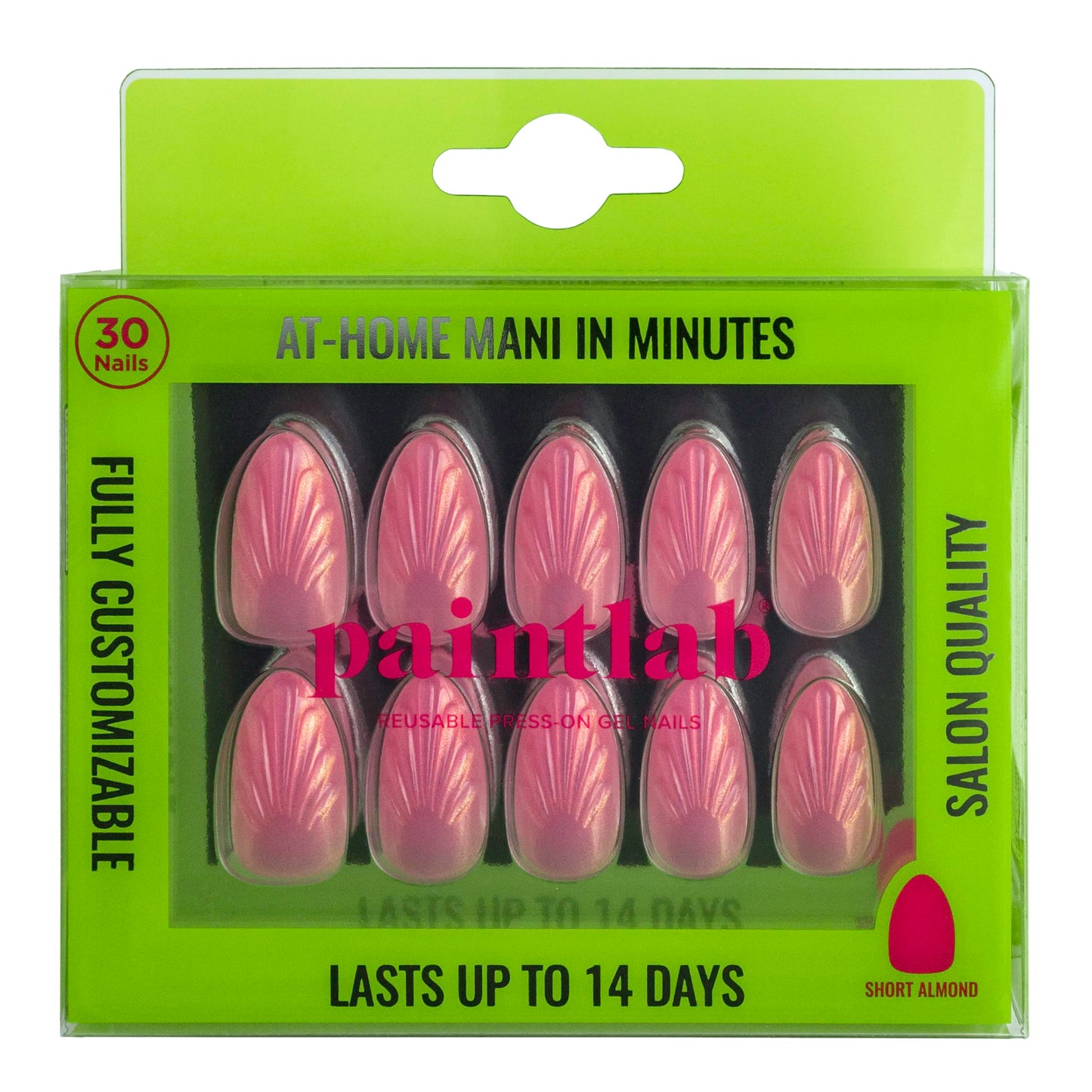 PaintLab Short Almond Press On Nails - Pink Mermaid Seashell Fake Nails, 30 Nails in 15 Sizes with Glue, Reusable Salon Quality Nail Press Ons