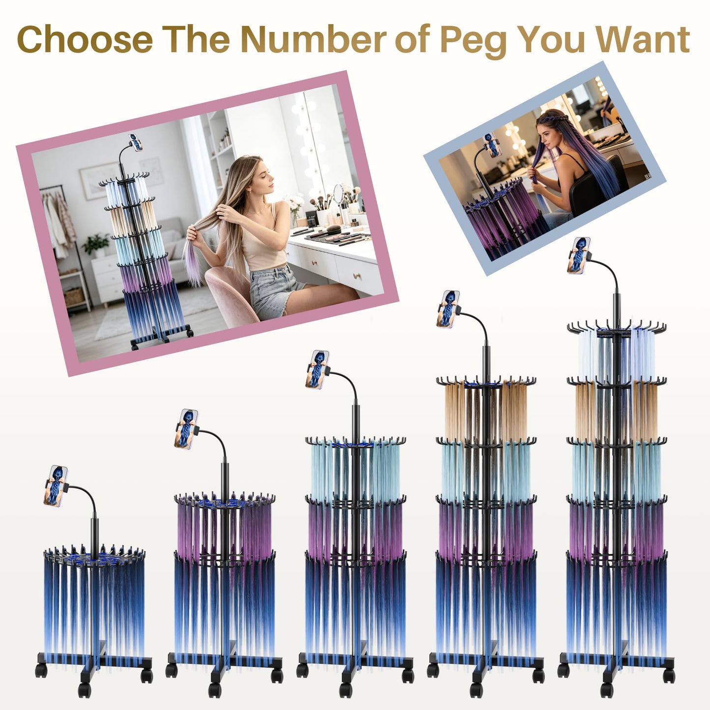 Braiding Rack, SouStoCol Braiding Hair Rack With 140 Pegs, Tray and Wheels, Adjustable Braiding Rack Stand for Hair with Phone Holder for Displaying and Separating Hair (Black)