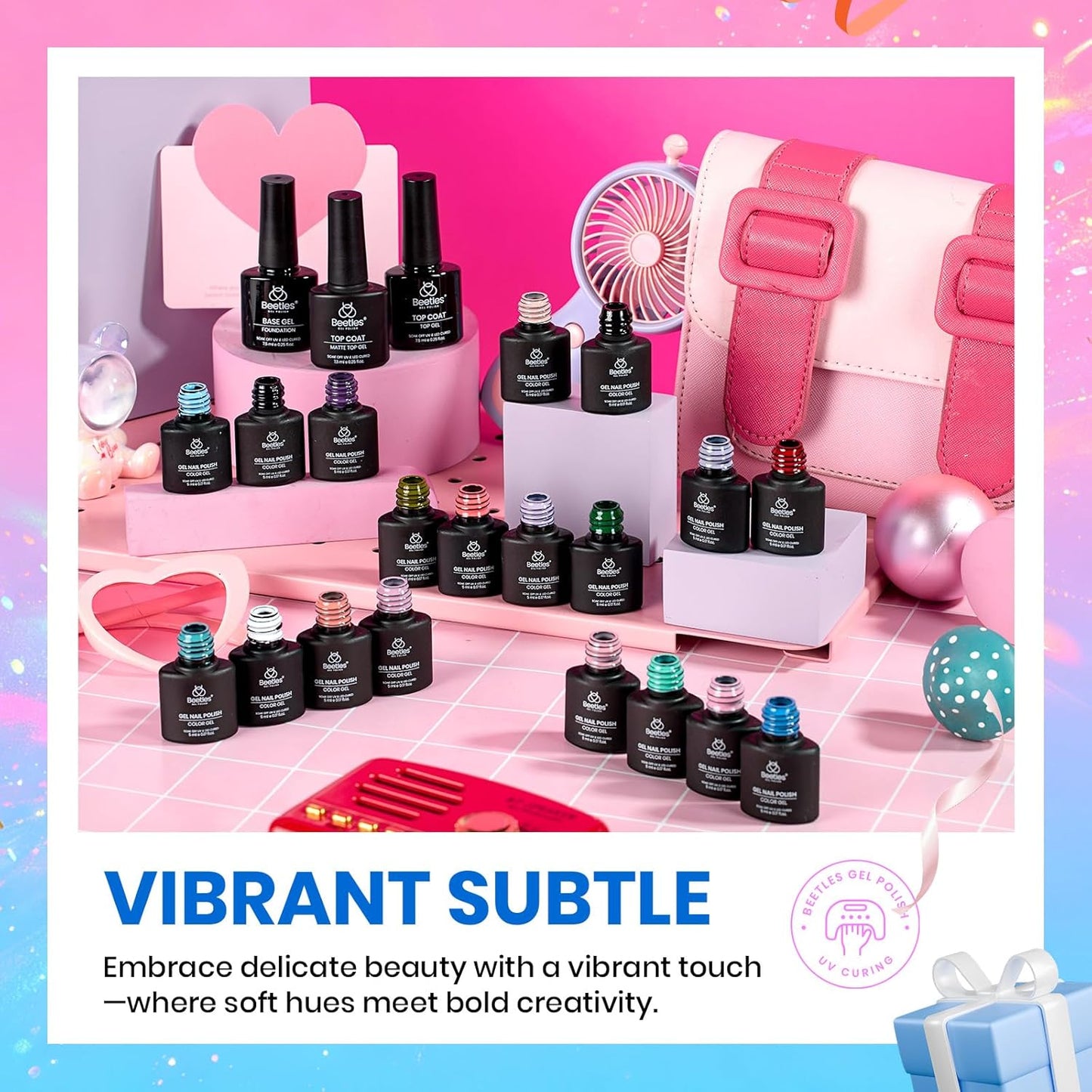 Beetles Gel Nail Polish Set - 23-Piece Summer Colors Collection | UV Gel Polish in Pink, Green, Blue with Base & Top Coat