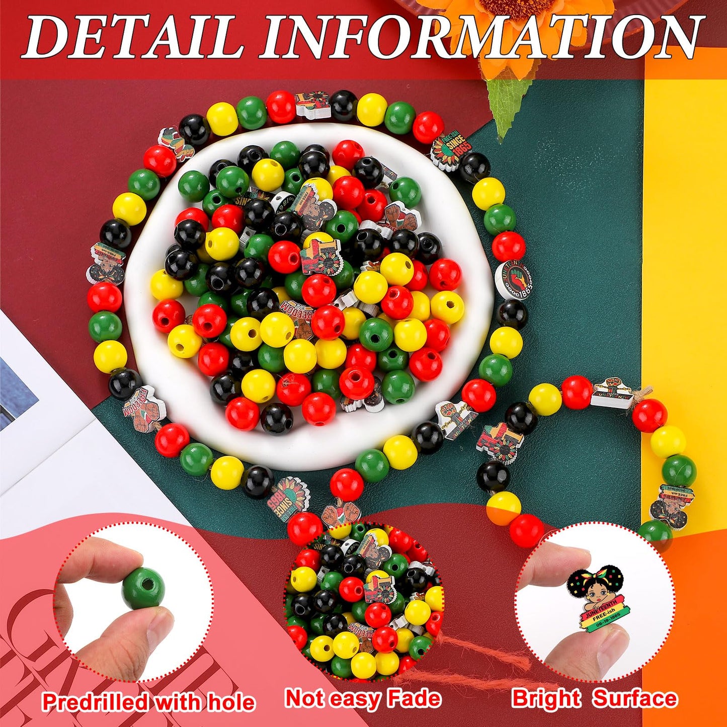 Fabbay 200 Pcs Juneteenth Wooden Beads Black Red Green Yellow Wooden Beads 1865 Freedom Day Wood Ornaments with Hemp Rope for Juneteenth Jewelry Making DIY Crafts Home Party Decor