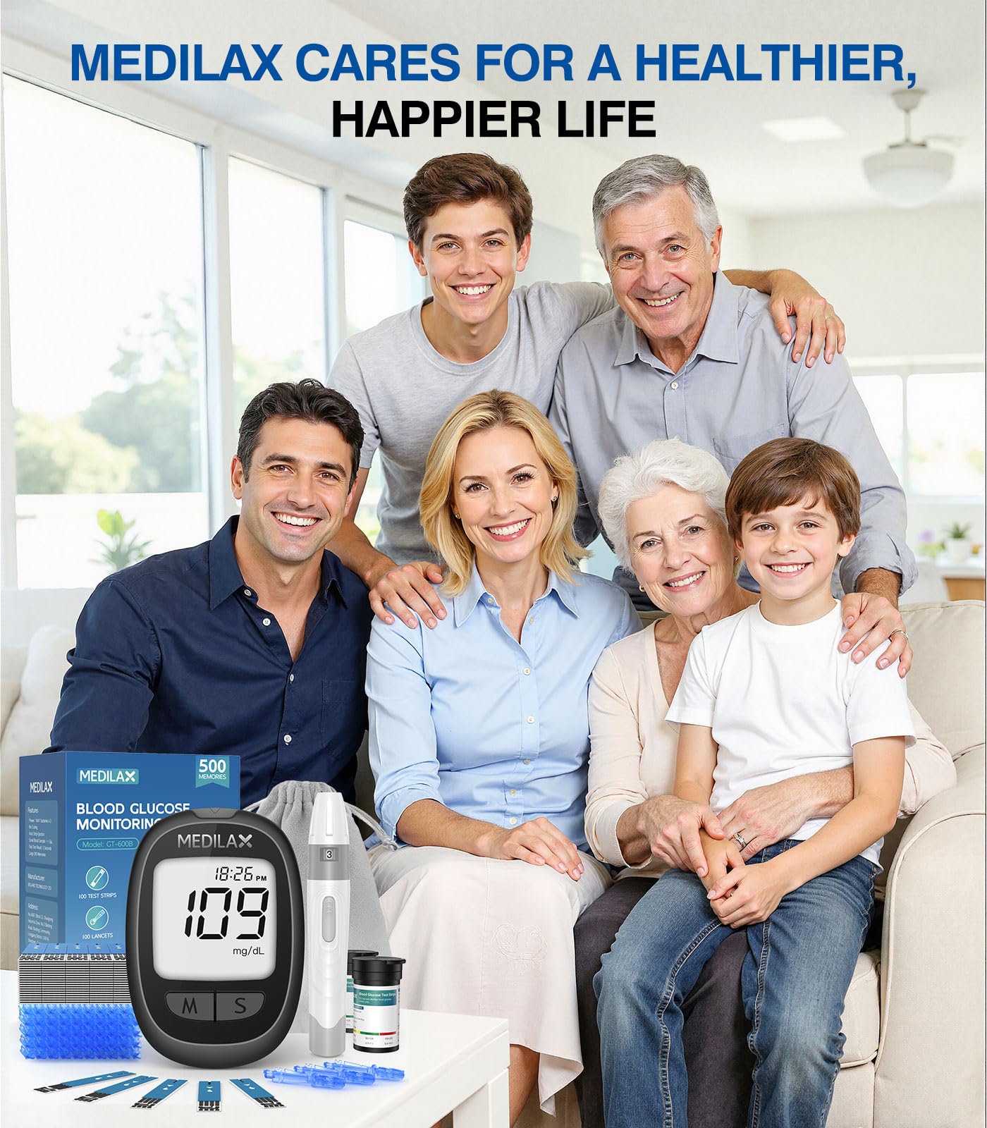 Medilax Blood Glucose Monitor Kit, 100 Test Strips & 100 Lancets Blood Sugar Testing Kit with Glucometer and Lancing Device, No Coding, 500 Storage Glucose Monitor for Home Use, Diabetes Testing