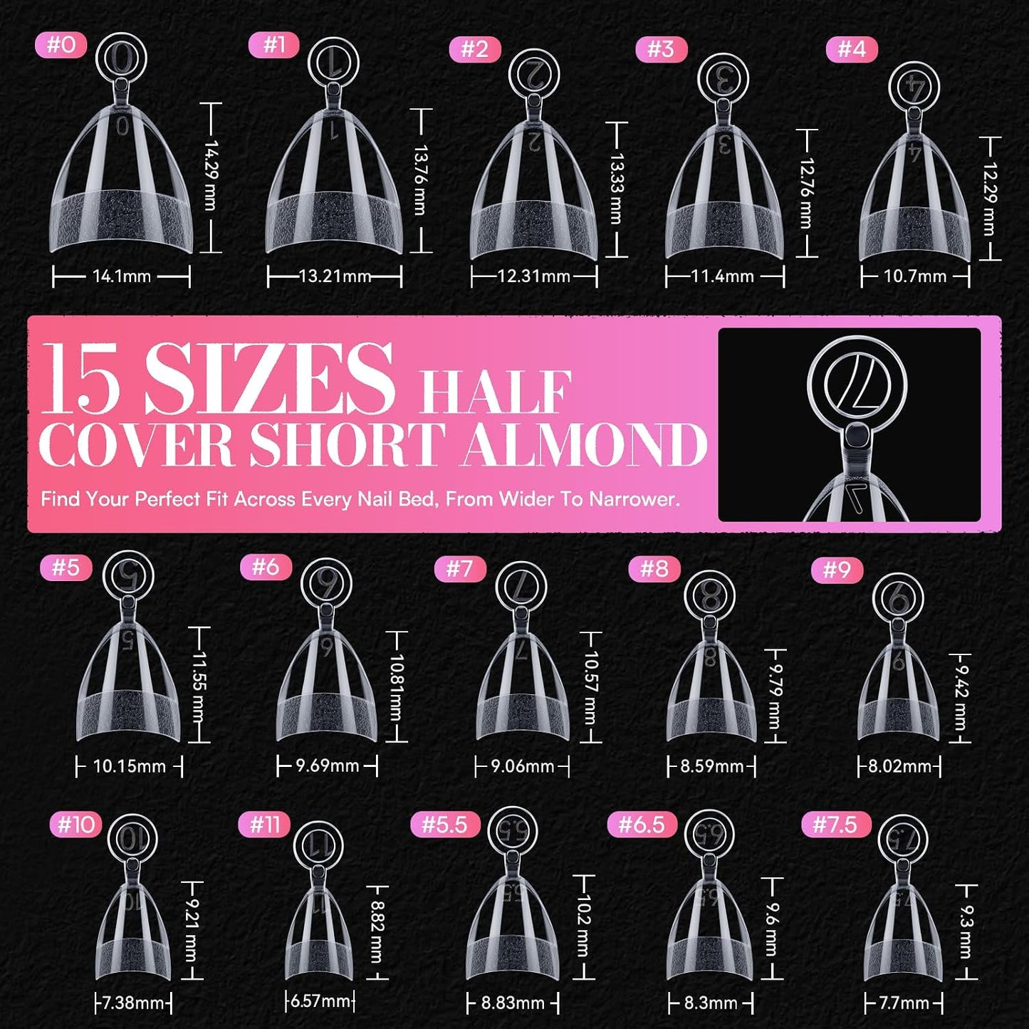 Short Almond Nail Tips - 504 PCS Half Cover Pre-shaped Acrylic | Easy DIY Manicure Supplies in 15 Sizes