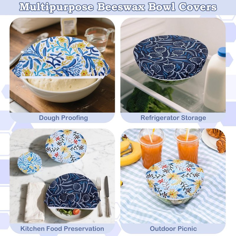 Revahope 5-Size Reusable Beeswax Bowl Covers for Bread Proofing, Cotton Cloth Flexible Beeswax Wraps for Food Storage(Blue Floral)