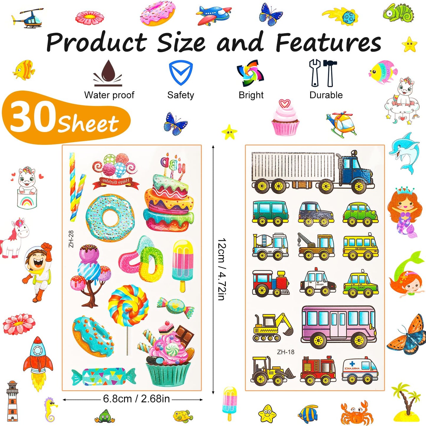 Habett Temporary Tattoos for Kids, 300+ Mixed Styles Temporary Tattoos Stickers Set for Girls and Boys, Dinosaur Animals Butterfly Fish Temporary Tattoos for Kids Birthday Party Supplies Party Favors