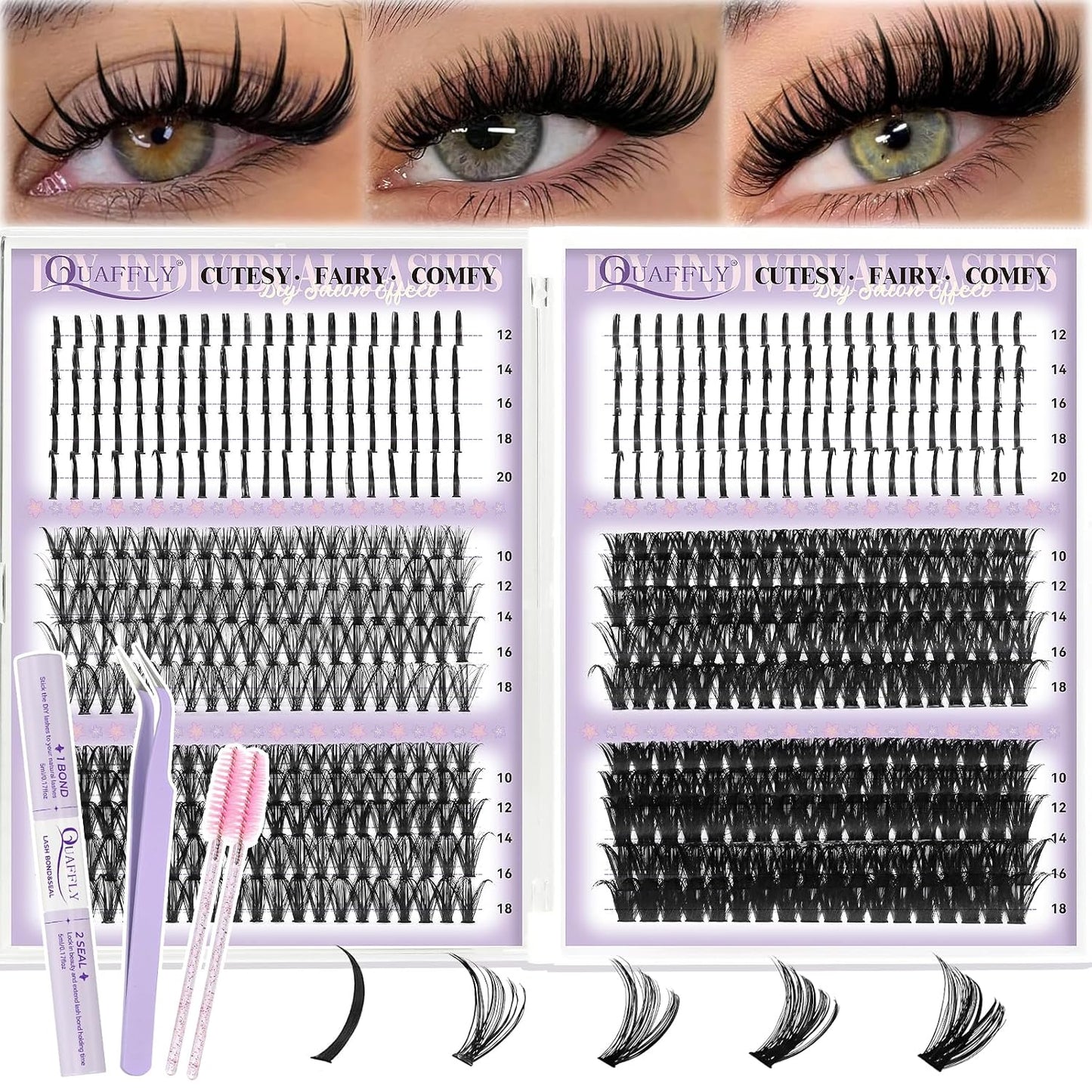 DIY Lash Extension Kit - 100D & 150D Volume Lash Clusters with Spikes | Wispy Bottom Lashes, Bond & Seal, Easy Application