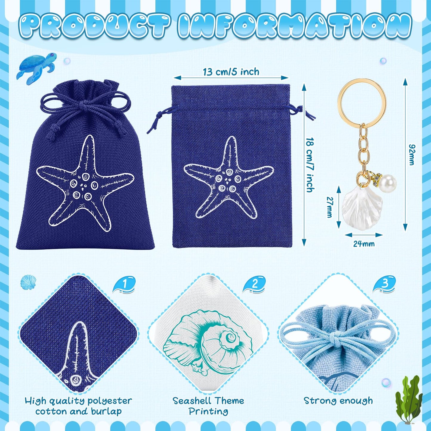 Equsion 48 Sets Beach Party Favors Ocean Seashell Keychain & Starfish Scallop Conch Burlap Bags Bachelorette Party Decor Last Toast on The Coast Nautical Bridal Shower Wedding Holiday Guest Gift Bulk