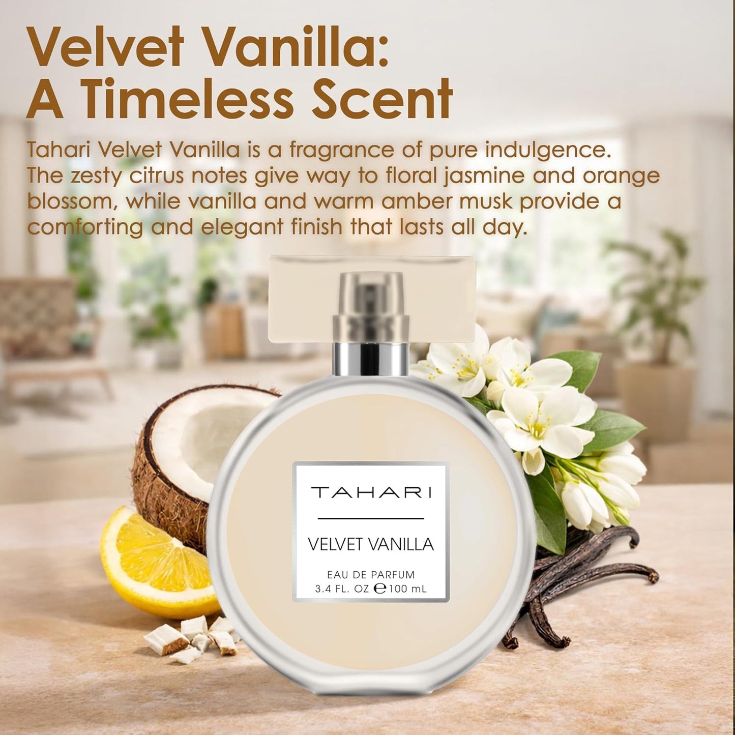 TAHARI Women's Velvet Vanilla Eau de Parfum - Luxurious Long-Lasting Fragrance with Coconut, Jasmine & Vanilla | 3.4 fl oz / 100 mL