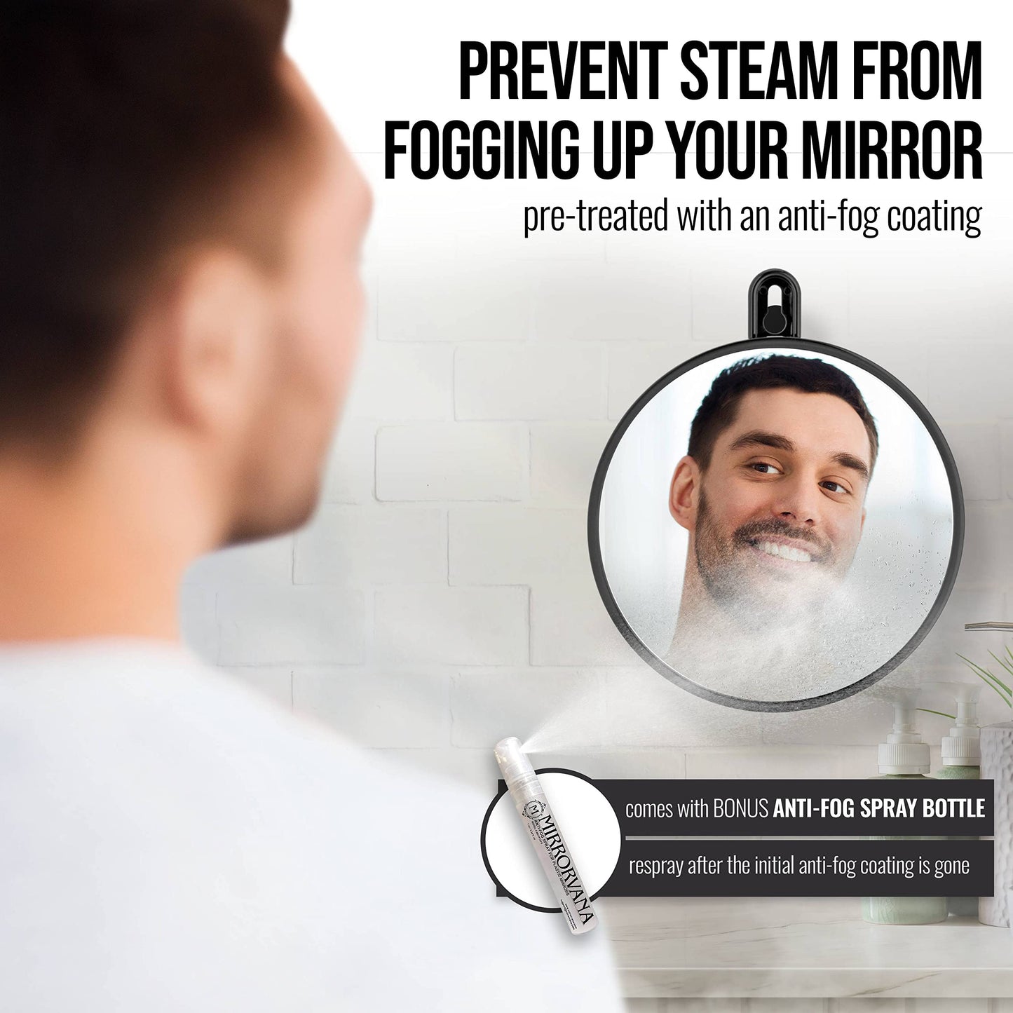 MIRRORVANA Small Shower Mirror for Shaving with 3 Attachment Options: Hook, Suction Cups, Length Adjustable Rope - Portable, Shatterproof, with Bonus Anti-Fog Spray Included - 6" Wide