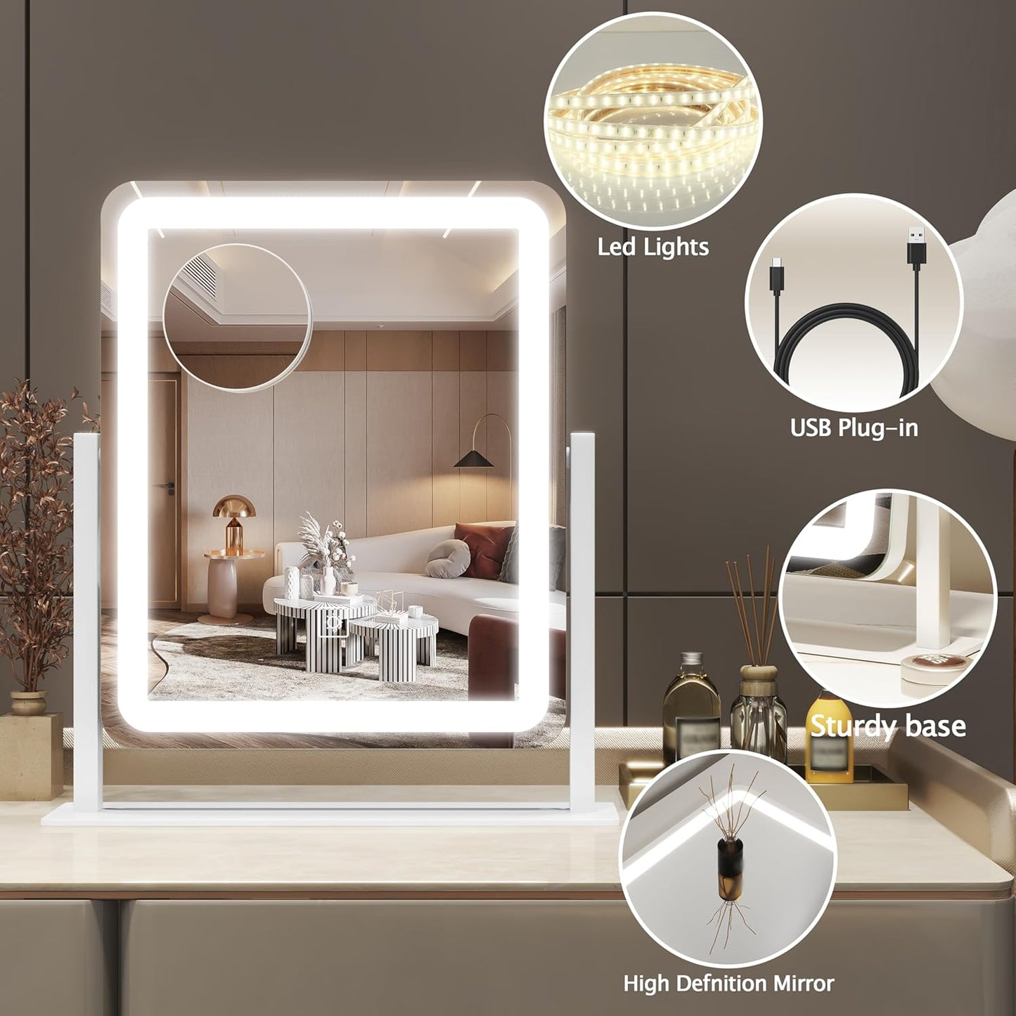 Lighted Vanity Mirror - Dimmable Makeup Mirror with 3 Color Smart Touch Control | 15"x13" HD Glass, 360° Rotation, Aluminum Frame