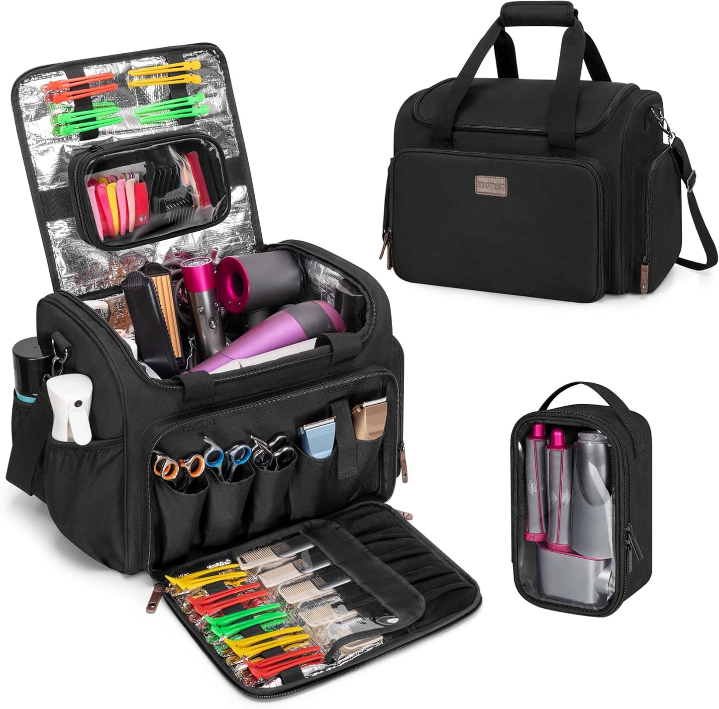 Large Insulated Barber Case - Hairstylist Travel Bag with Detachable Divider & 2 Removable Pouches | Black