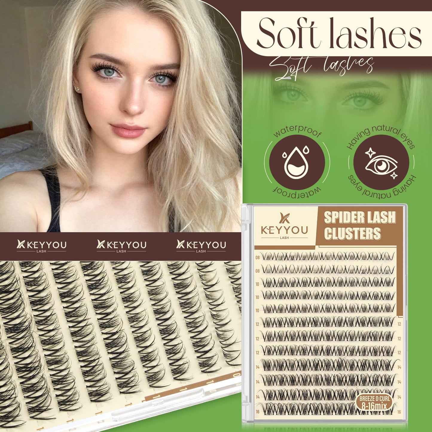 KEYYOU Spider Lash Clusters Breeze Wispy Eyelash Clusters Natural D Curl 8-16mm Clusters Eyelash Extension Invisible Band Spider Lashes for Daily Makeup