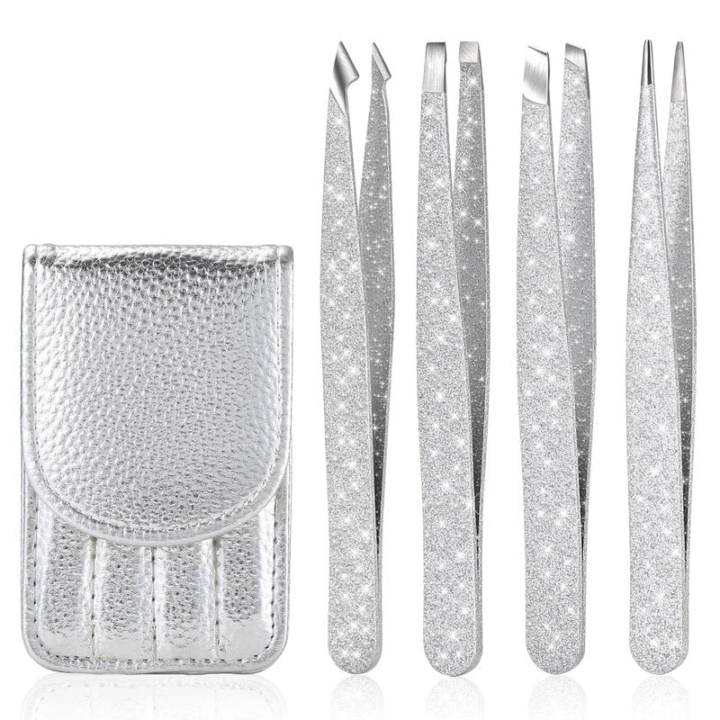FungChoi 4-Pcs Glitter Stainless Steel Precision Tweezer Set for Eyebrows, Ingrown Hair & Lash Extensions (Bright Silver)