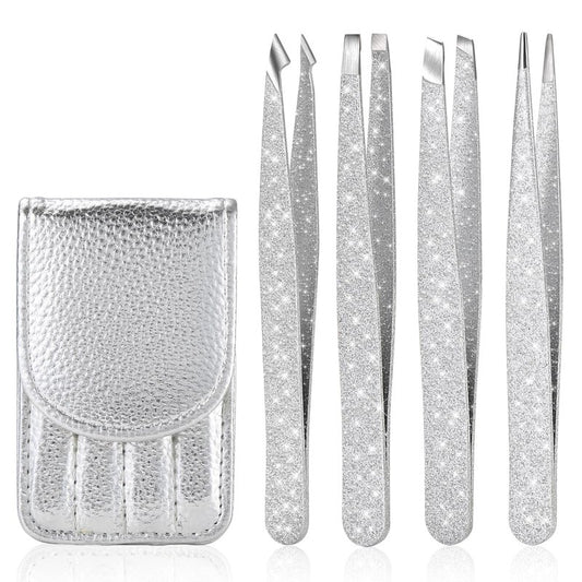 FungChoi 4-Pcs Glitter Stainless Steel Precision Tweezer Set for Eyebrows, Ingrown Hair & Lash Extensions (Bright Silver)